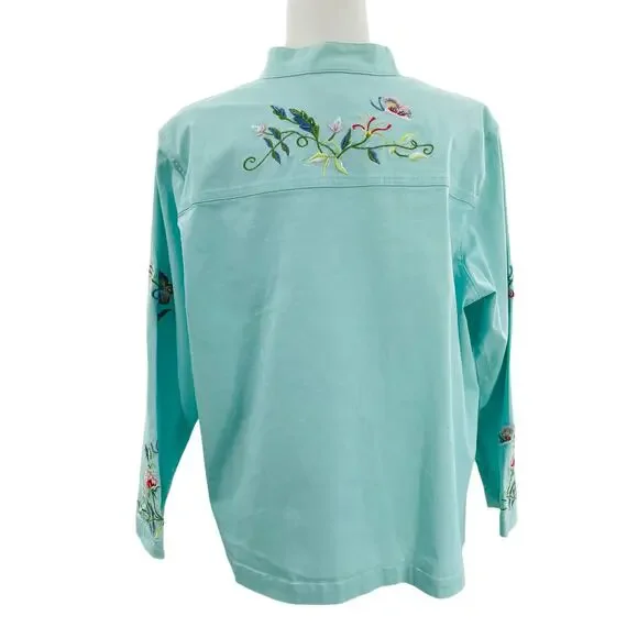 Quacker Factory Aqua Blue Floral Multicolor Embroidery Mock Neck Jacket Women 1X - Picture 3 of 14
